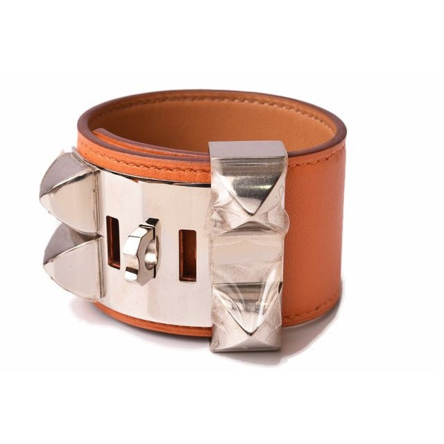 Hermes Bangle Bracelet Medor Collierd Chien Leather Orange Silver — view 4