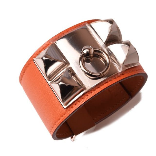 Hermes Bangle Bracelet Medor Collierd Chien Leather Orange Silver