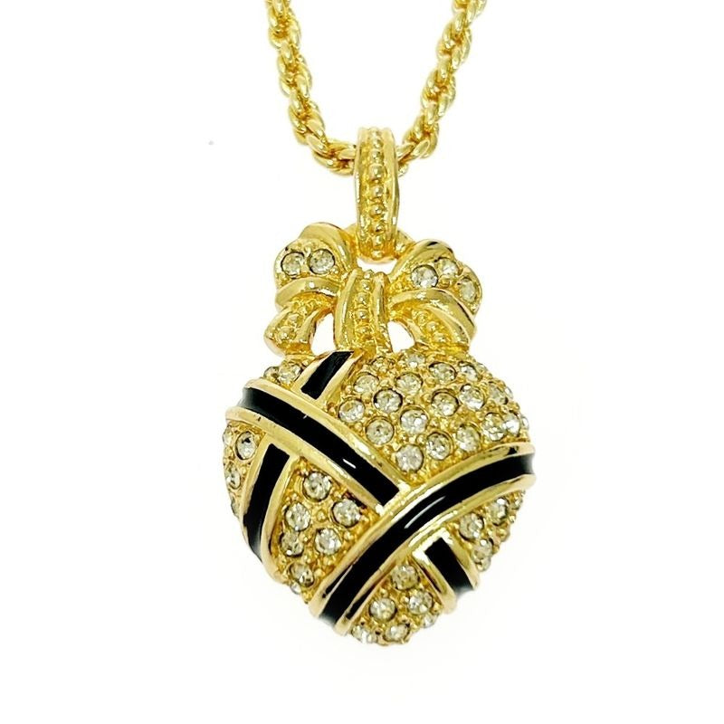 Christian Dior GP Rhinestone Ribbon Heart Necklace Gold Black — view 2