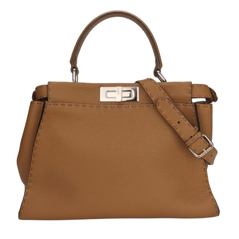 Fendi Handbag Peekaboo 8 Bn290 Selleria Leather Brown Silver Hardware 2-Way