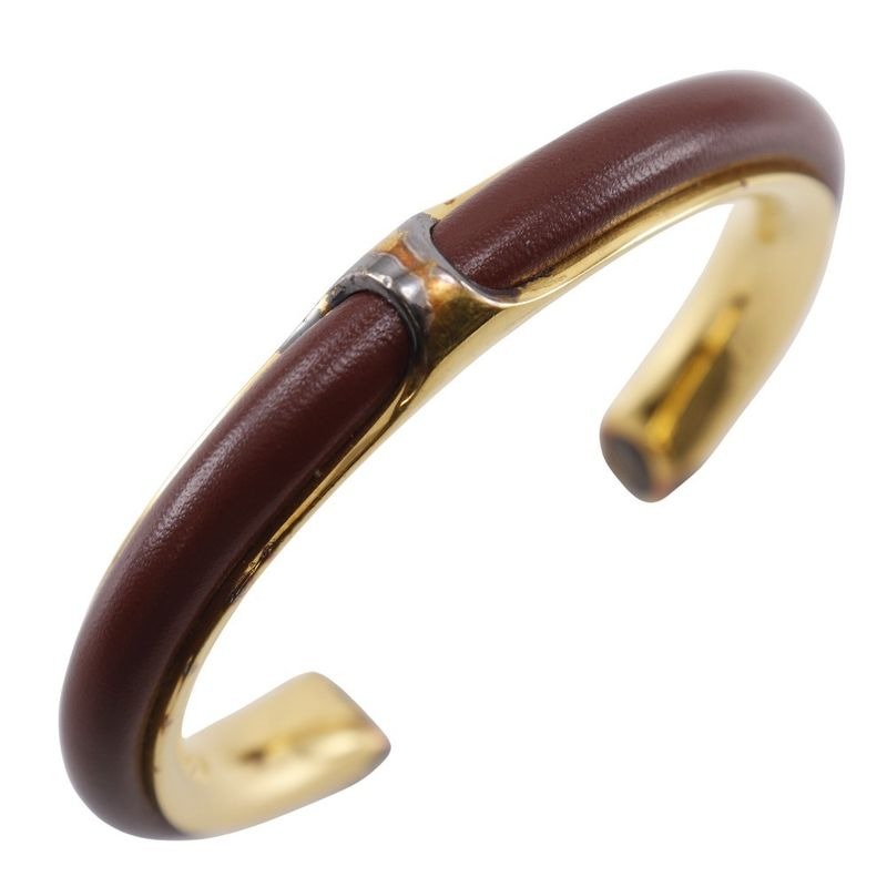 Hermes Vintage Gold Plated and Leather Brown 36.3 g Bangle — view 2