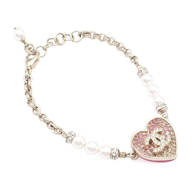 Chanel Bracelet Pink Gold Metal Costume Pearl Rhinestone CC Logo — view 2