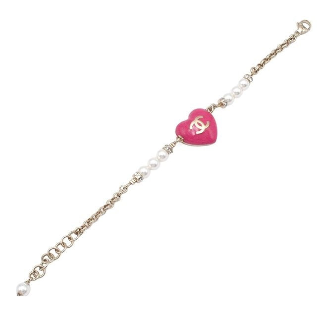 Chanel Bracelet Pink Gold Metal Costume Pearl Rhinestone CC Logo — view 5
