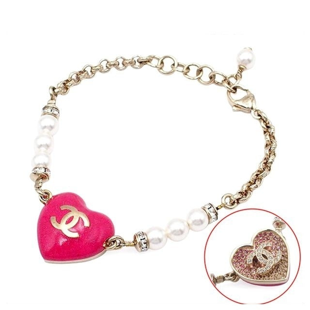 Chanel Bracelet Pink Gold Metal Costume Pearl Rhinestone CC Logo