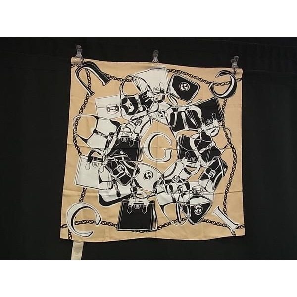 Gucci Silk Large All Over Pattern Scarf Shawl Beige Black