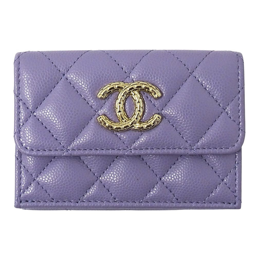 Chanel Wallet Quilted Trifold Caviar Leather Purple