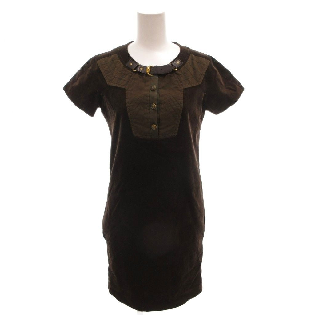 Gucci Velour Dress Neck Belt Gold Button Short Sleeve Knee Length 38 Brown