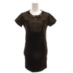 Gucci Velour Dress Neck Belt Gold Button Short Sleeve Knee Length 38 Brown