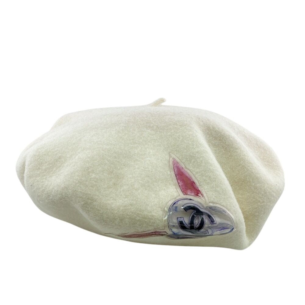 Chanel Cap Hat Vintage Vinyl CC Wool Beret Ivory