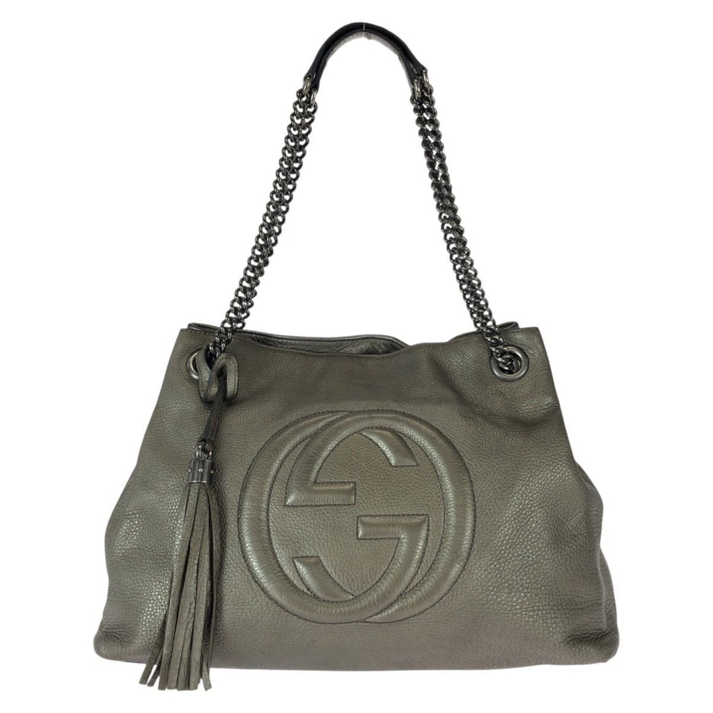 Gucci Soho Tassel Gray Gunmetal Leather Chain Shoulder Bag Tote