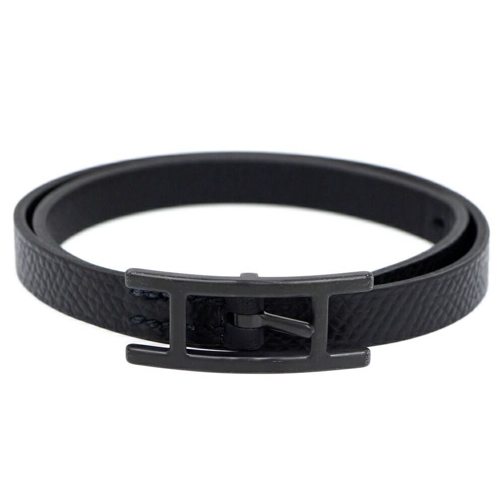 Hermes Leather Bracelet Behapi Double Tour Sole Black Swift T4