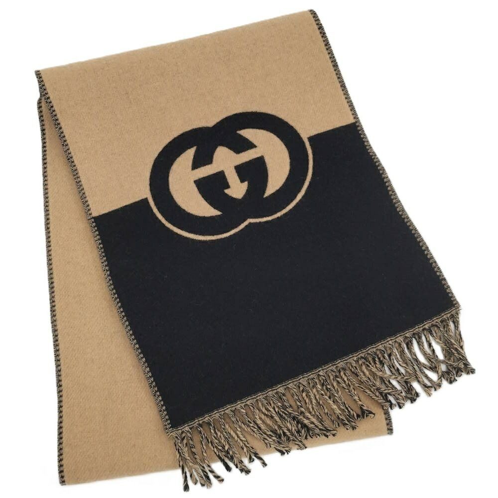 Gucci Scarf GG Pattern Cashmere Wool Brown Black