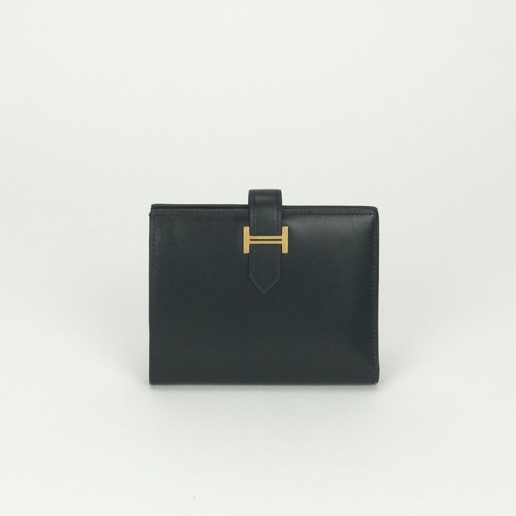 Hermes Bearn Compact Wallet Bifold Mini Box Calf Noir Black Gold