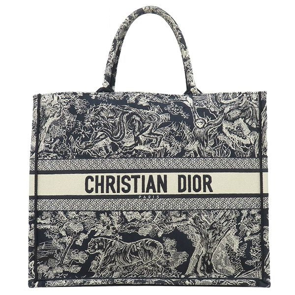 Dior Tote Bag Book Large Cotton Navy Toile de Jouy Reverse Embroidery