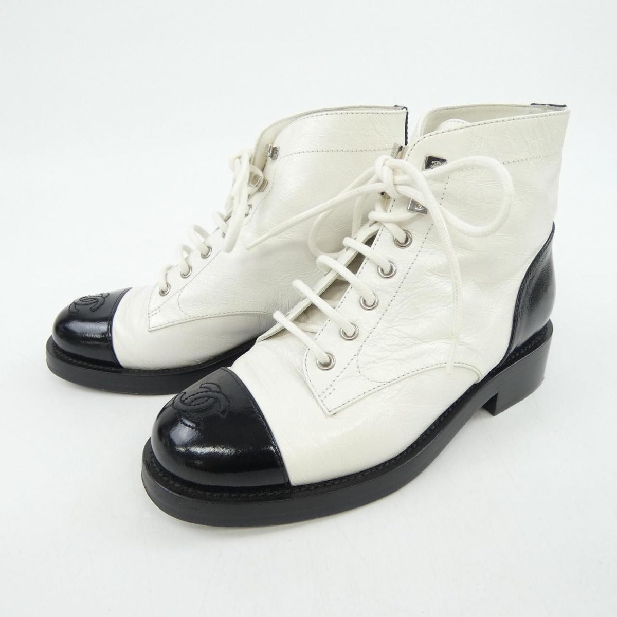 Chanel Lace Up Boots Black White — view 3