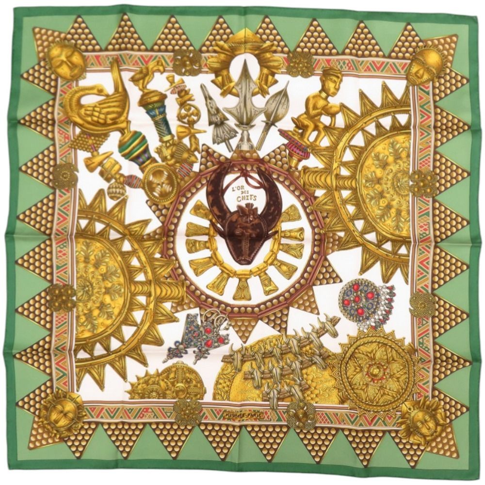 Hermes Carre 90 L'Or Des Chefs Chiefs' Gold Silk Green Scarf