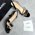 Chanel Logo Sandals Patent Leather Black Gold 37