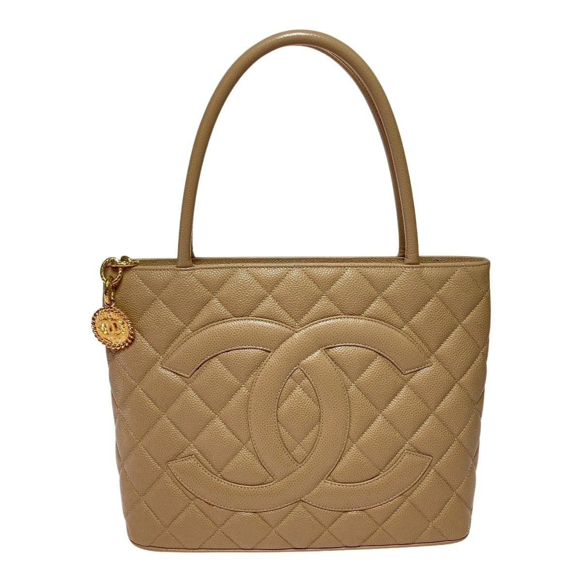 Chanel Medallion Tote Caviar Leather Bag Gold Hardware Beige