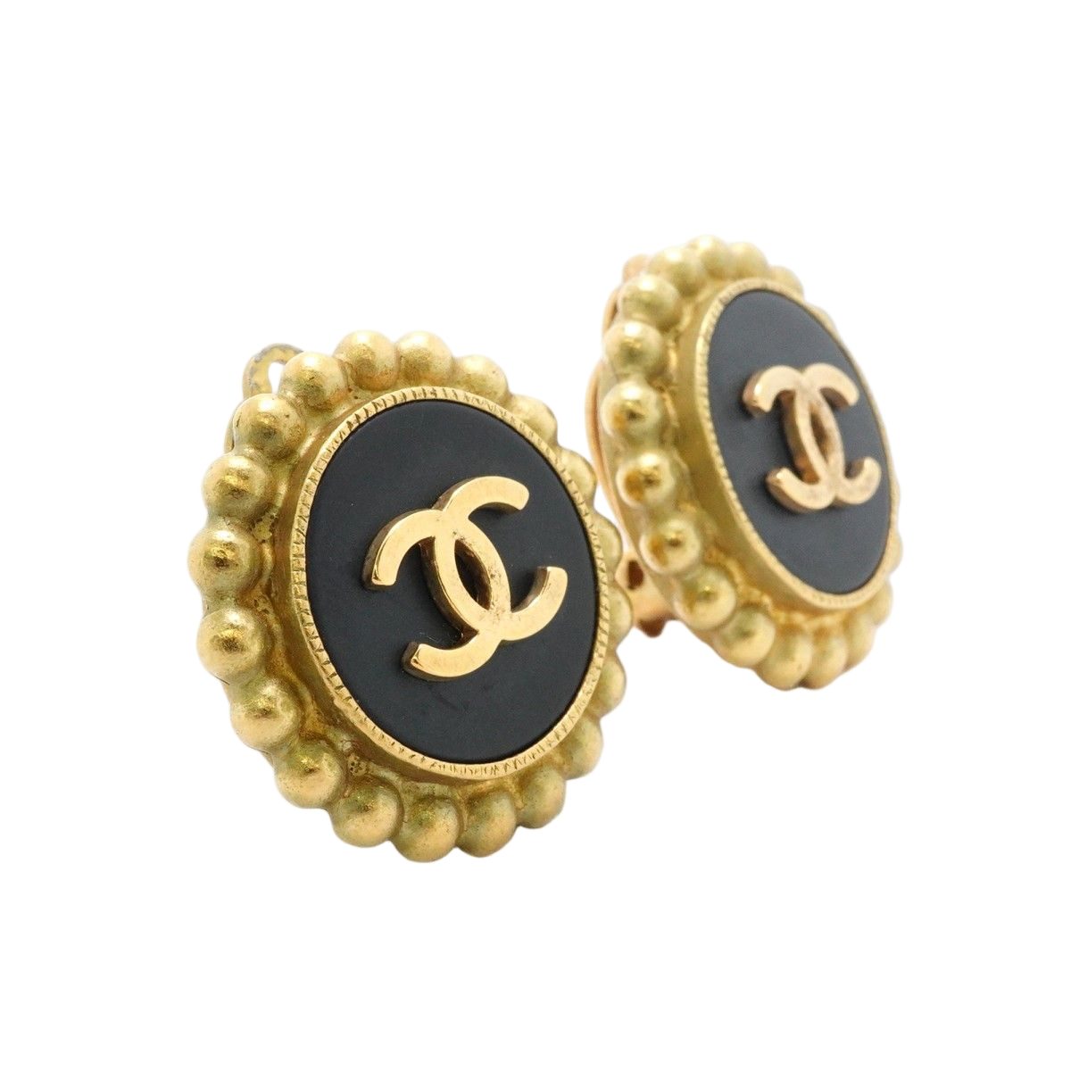 Chanel Earrings Vintage CC Logo Gold Plated Black Cles — view 2