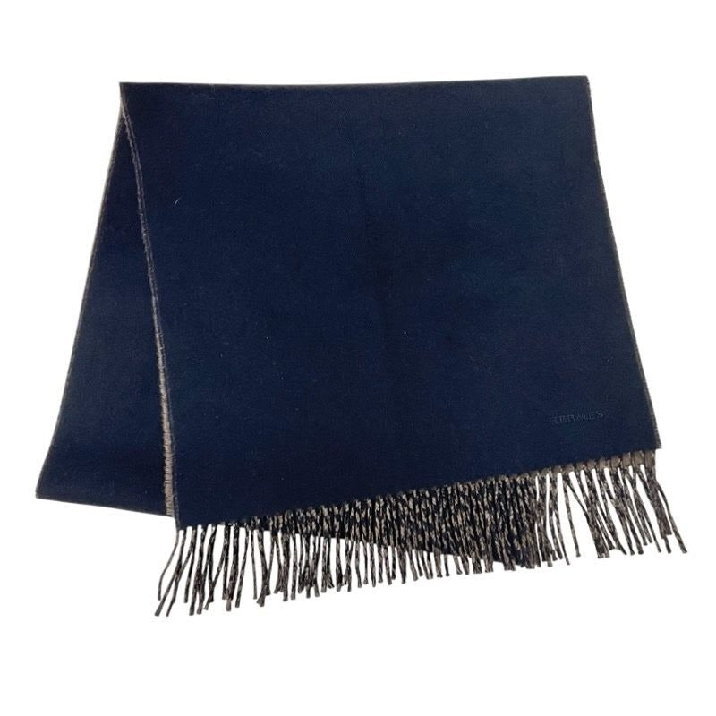 Hermes Scarf Cashmere Navy Brown Logo Double Face Shawl
