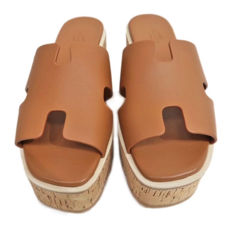Hermes Eze Sandals Size 39 Leather Cork Natural Thick Sole Shoes — view 3