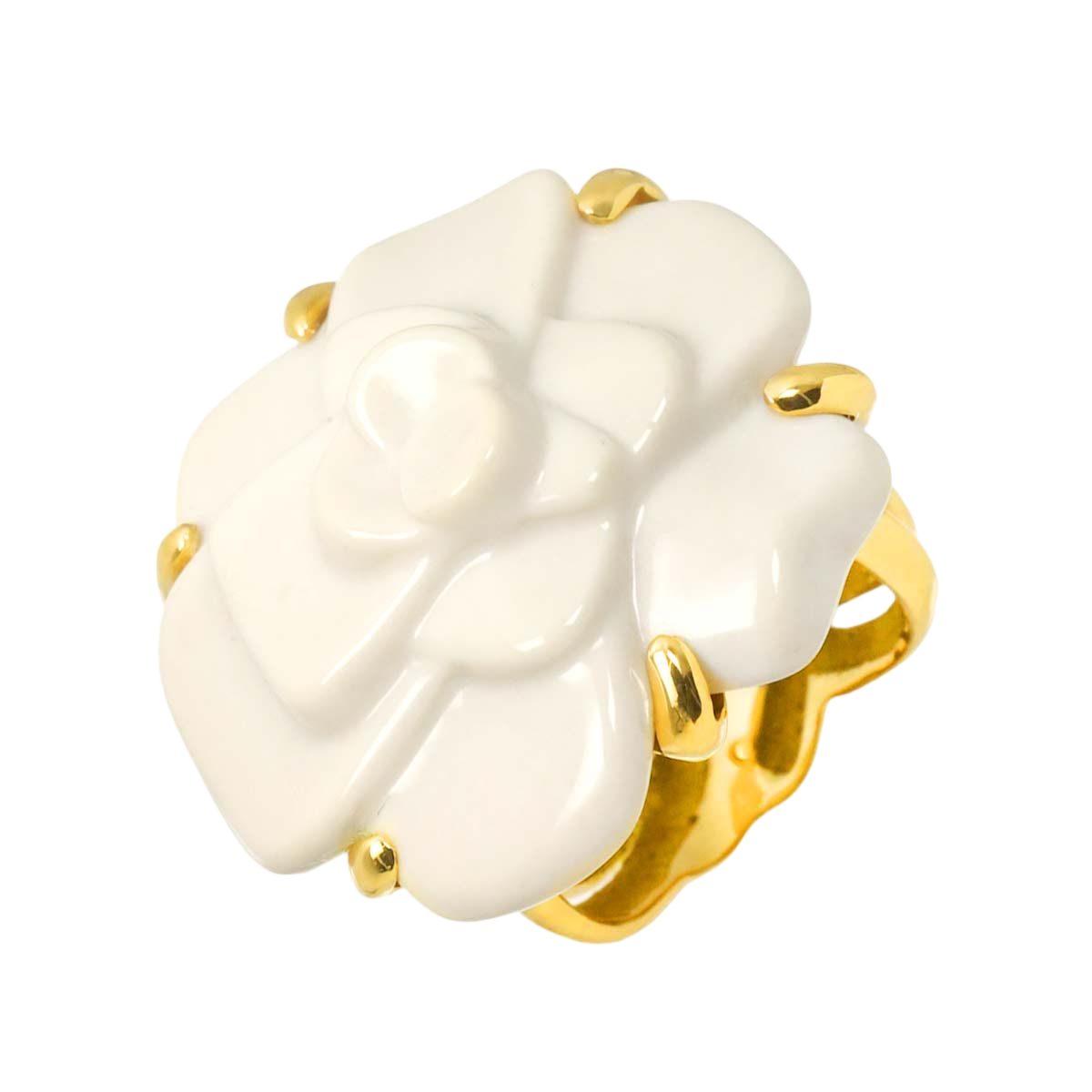 Chanel Camellia Ring Cacholong 18k YG Yellow Gold