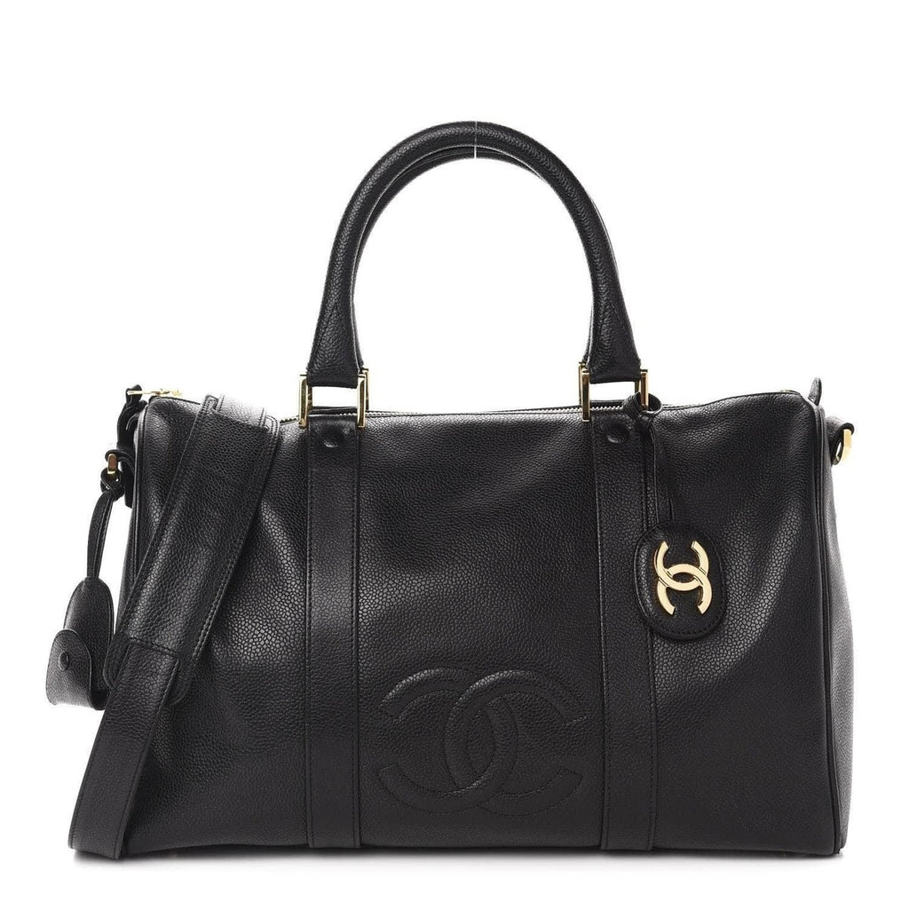 Chanel Caviar Leather Large Bowler Bag Travel Duffle Black CC Tote