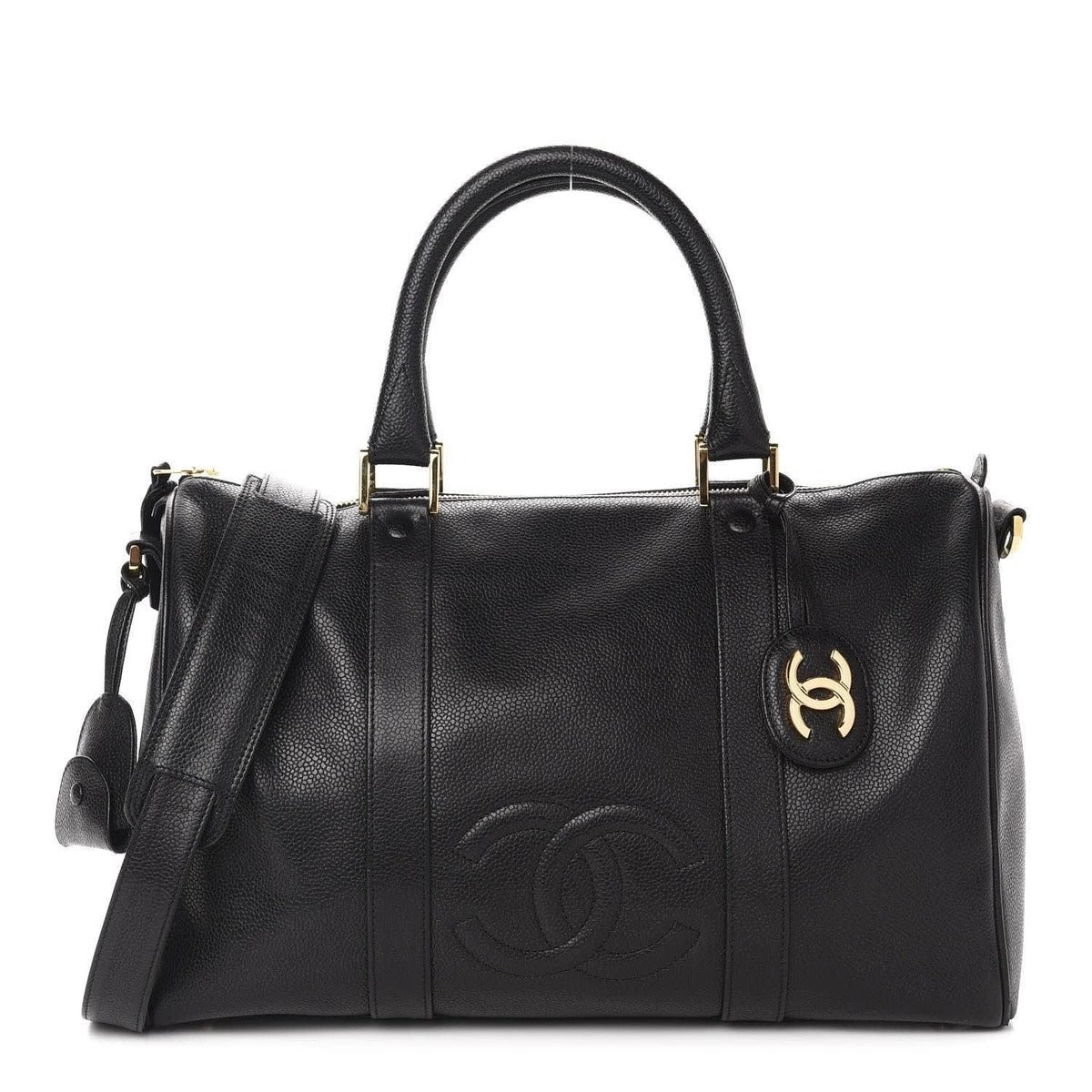 Chanel Caviar Leather Large Bowler Bag Travel Duffle Black CC Tote