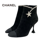 Chanel Boots Short Shoes Suede Fabric Black Rhinestone Star