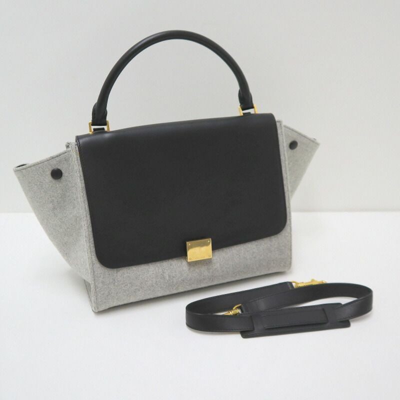 Celine Trapeze Handbag Leather Felt Black Gray Gold