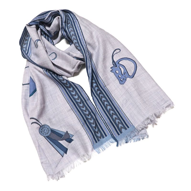Hermes Shawl Rectangle 70% Cashmere 30% Silk Blue Cashcil Accessories — view 9