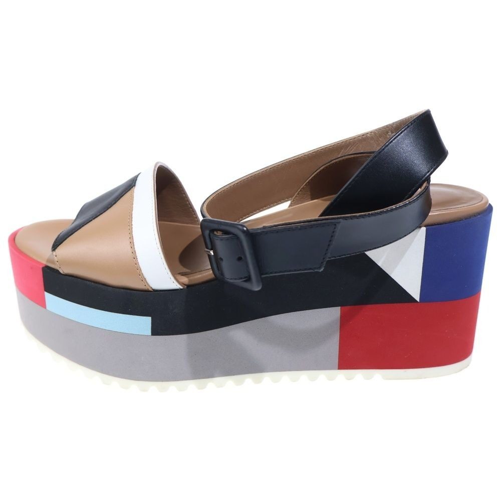 Hermes Wedge Sole Multicolor Leather Strap Platform Sandals Shoes Black Beige