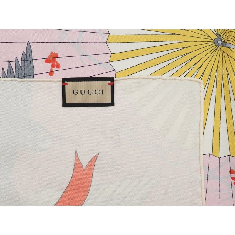 Gucci Printed Silk Scarf Ca Fly Swan 90 X90 fan Bird Ribbon Ivory Multicolor — view 9