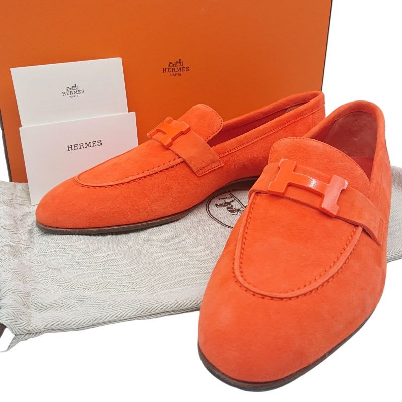 Hermes Moccasins Paris Suede Leather H Logo Loafers Shoes Orange 38 2022