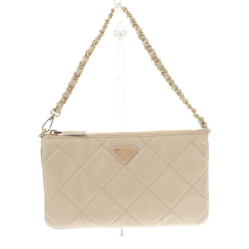 Prada Chain Shoulder Bag 1 Ni054 Handbag Tessuto Impunto Nylon Leather Beige