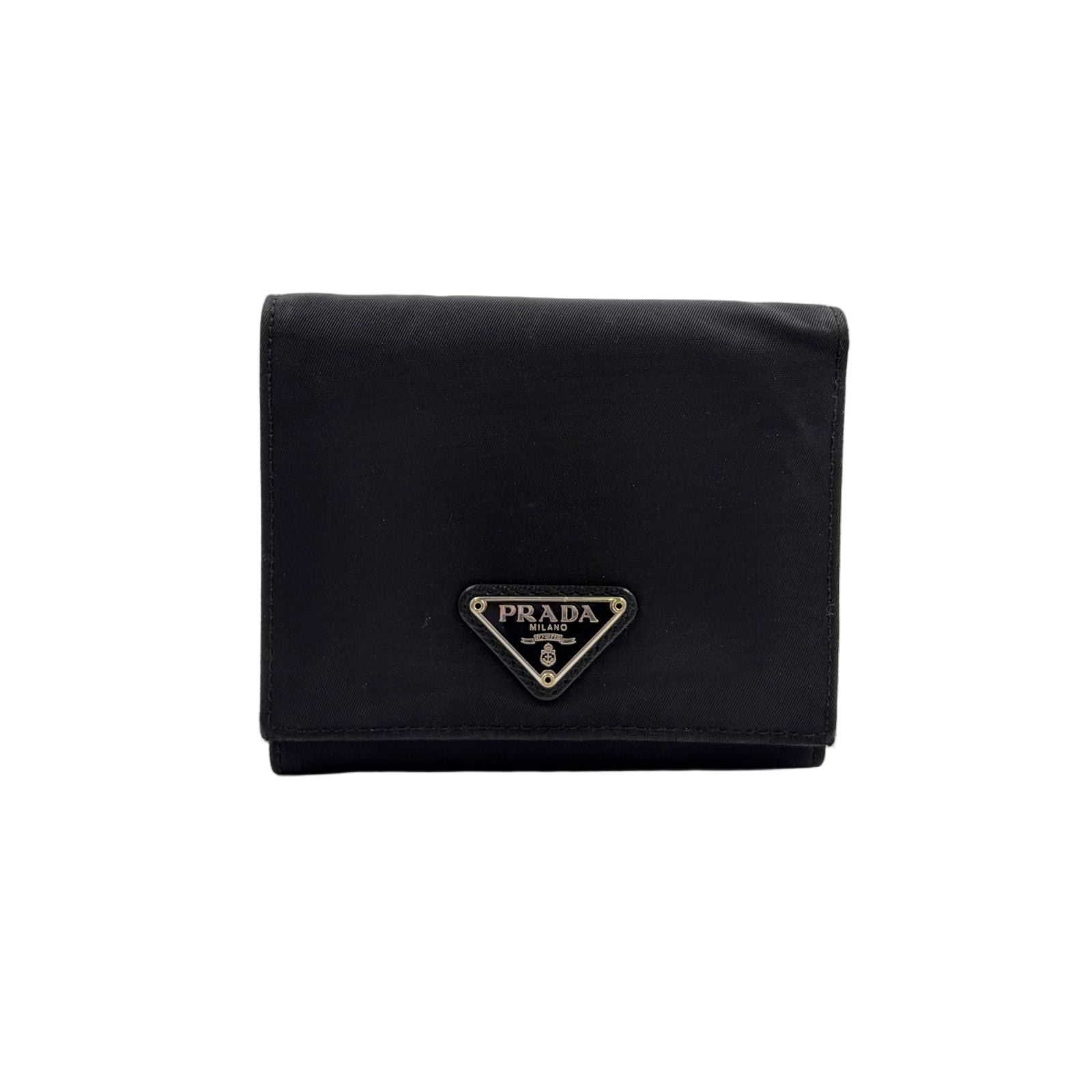 Prada Nylon Saffiano Leather Black Trifold Wallet Silver