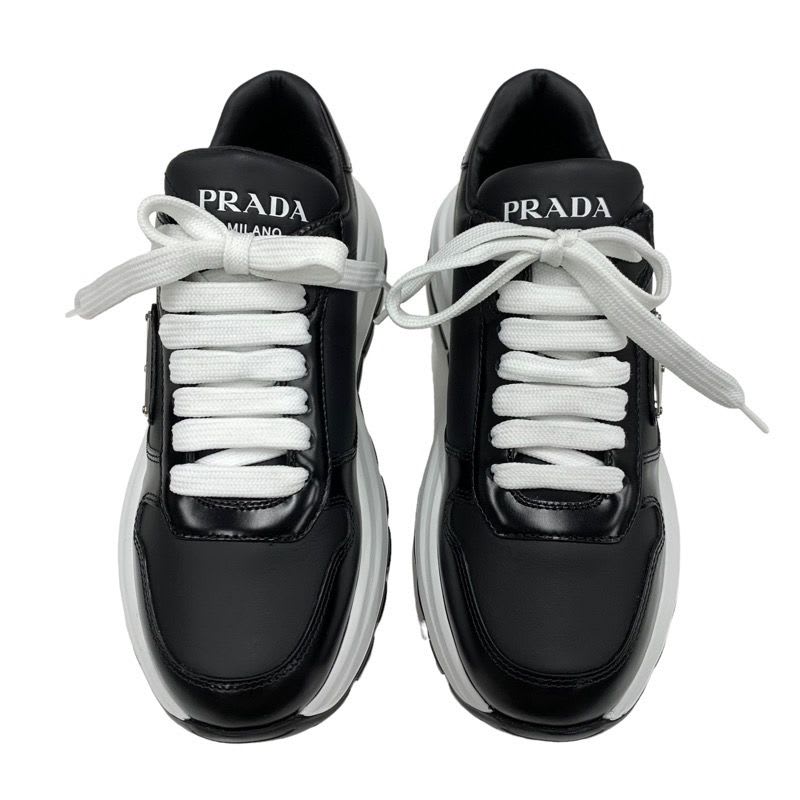 Prada Sneakers Shoes Leather Black White Triangle Logo — view 2