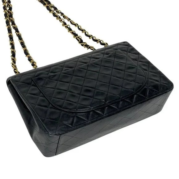 Authentic CHANEL Jumbo Maxi XL 24K Gold Flap Bag Lambskin Chain Shoulder Black — view 7
