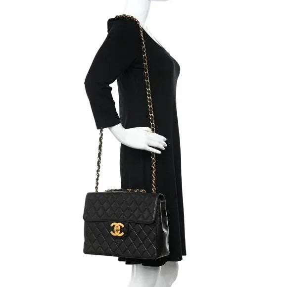 Authentic CHANEL Jumbo Maxi XL 24K Gold Flap Bag Lambskin Chain Shoulder Black — view 5
