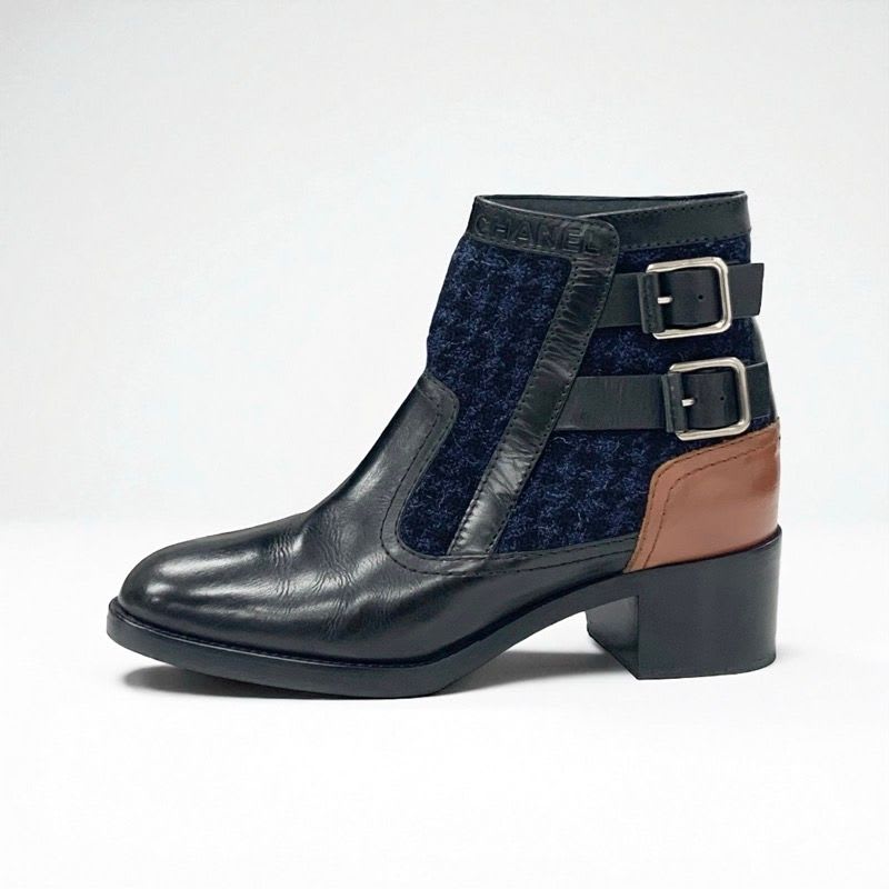 Chanel Boots Short Shoes Tweed Black Navy Brown Logo Belt — view 4