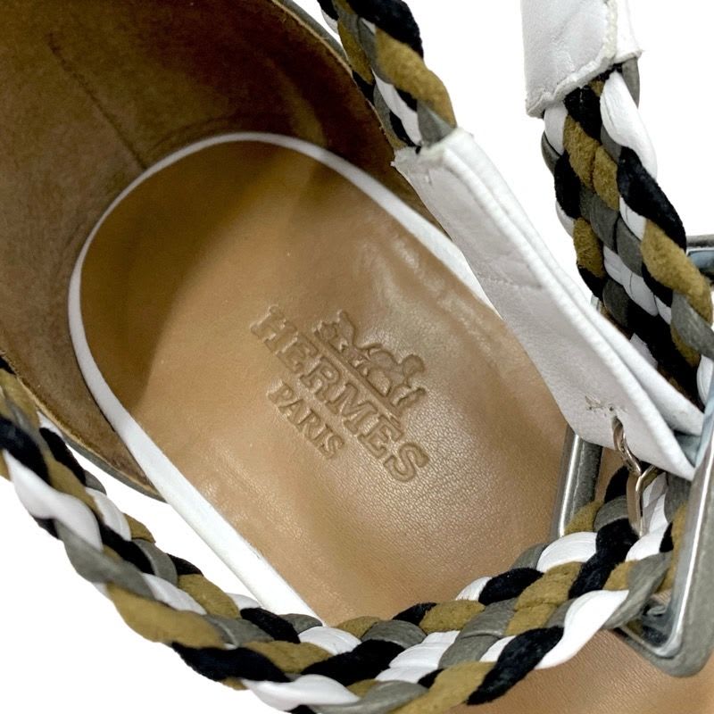 Hermes Sandals Shoes Leather Suede Khaki White Black Braided Wedge Sole — view 7