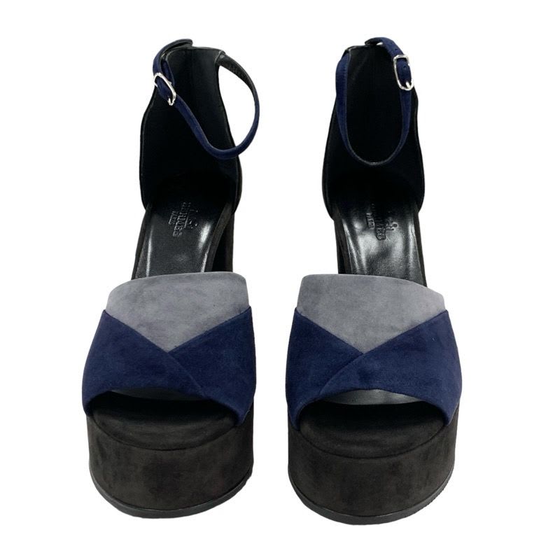 Hermes Sandals Shoes Suede Navy Black Gray Ankle Strap — view 2