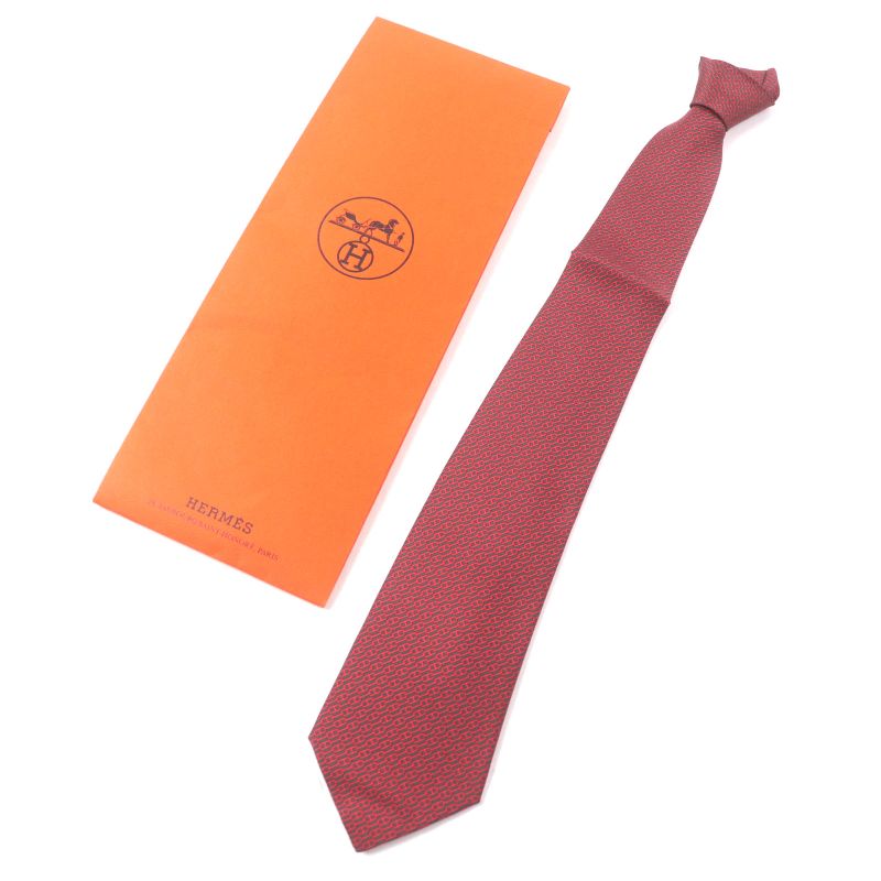 Hermes 5261 100% Silk Anthracite Rouge Cravat Chaine D'ancre Patterned Tie — view 2