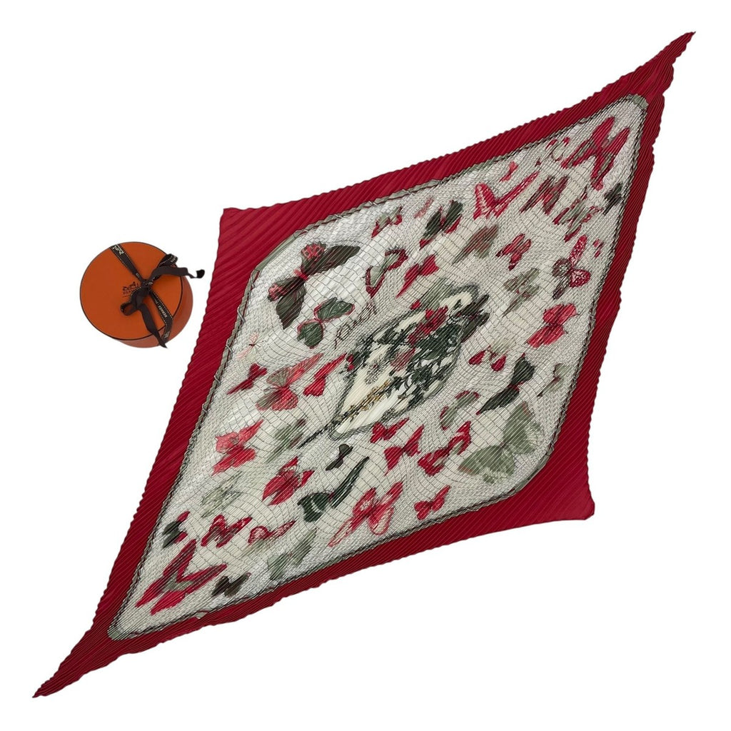 Hermes Scarf Pleated Silk Farandole Provence Dance Butterfly Red