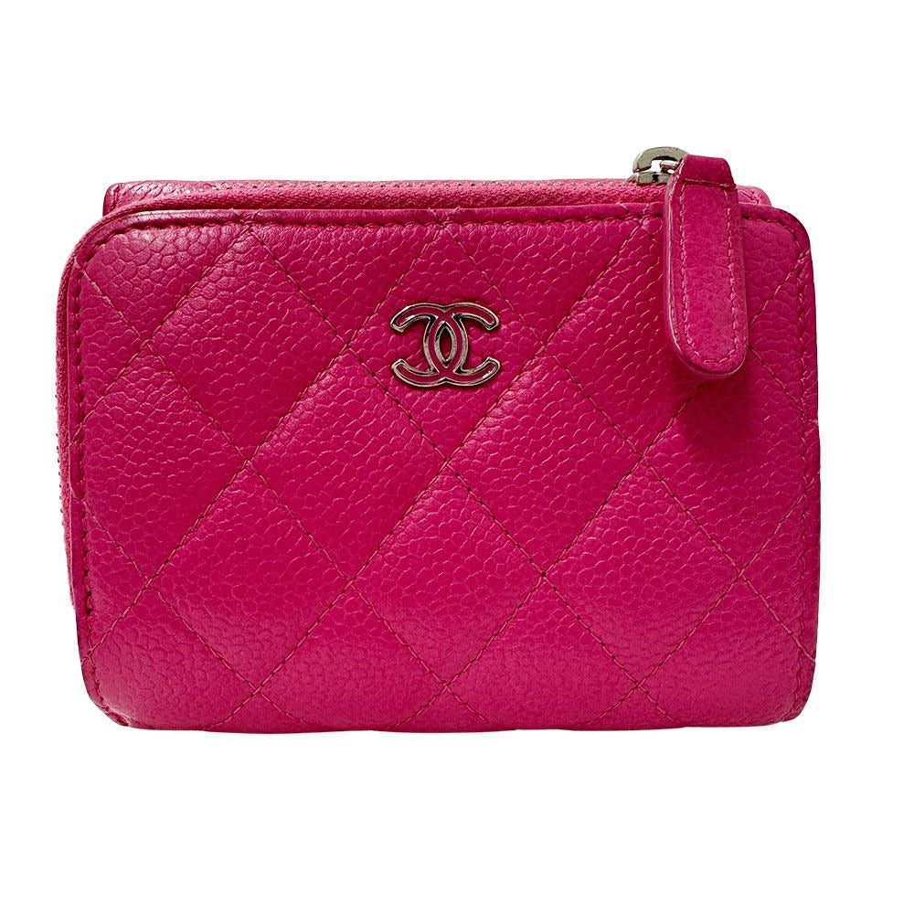 Chanel Wallet Trifold Quilted Caviar Leather Pink Silver Har