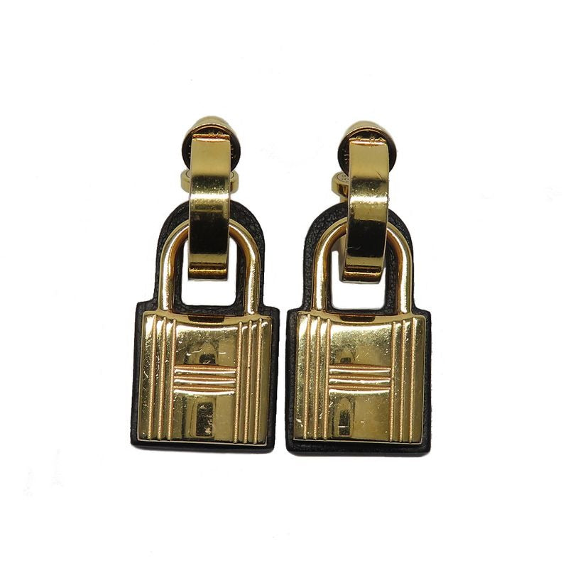 Hermes O-kelly Earrings GP Cadena Gold Black Leather Z Carved — view 2