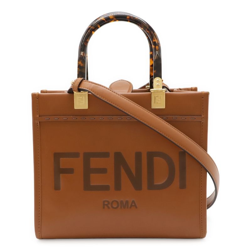 Fendi Sunshine Small Handbag 2-Way Shoulder Bag Leather Brown Gold Hardware