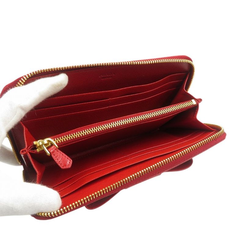 Prada Ribbon 1 M0506 Saffiano Leather Gold Hardware Red Round Zipper Long Wallet — view 4