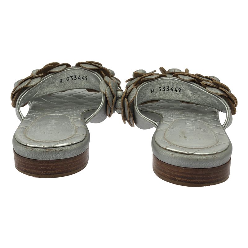 Chanel Camellia Flower Mule Sandals Silver 35 — view 3
