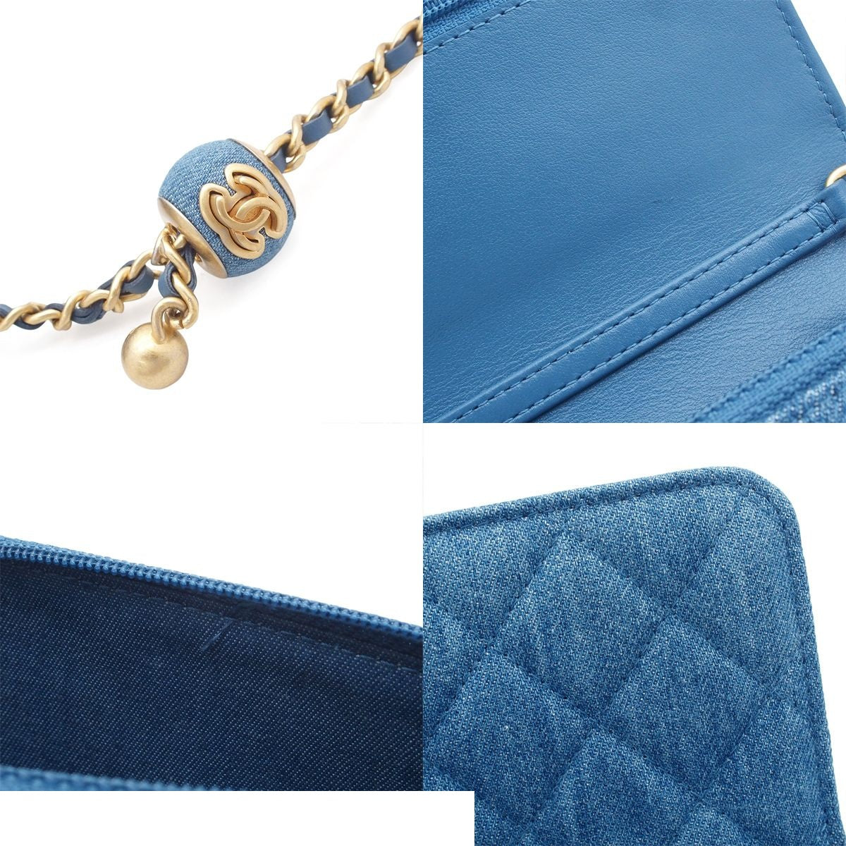 Chanel Quilted Chain Wallet Blue Gold Denim Lambskin Coco Ball Random Shoulder — view 8